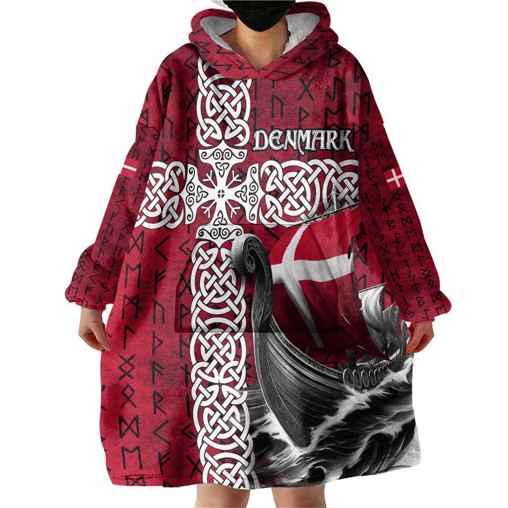 Denmark Viking Longship Wearable Blanket Hoodie Norse Rune & Celtic Cross Danish Flag