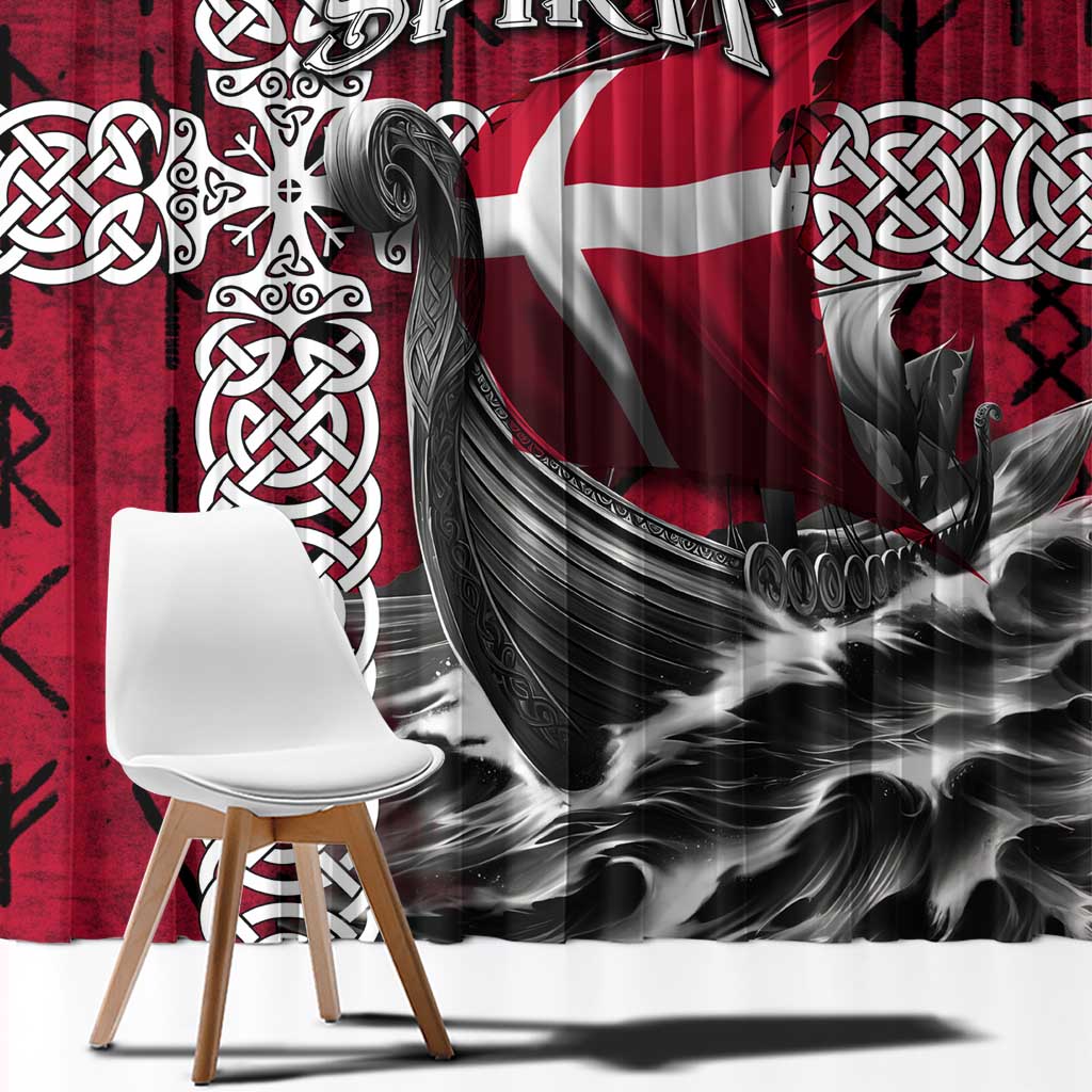 Denmark Viking Longship Window Curtain Norse Rune & Celtic Cross Danish Flag