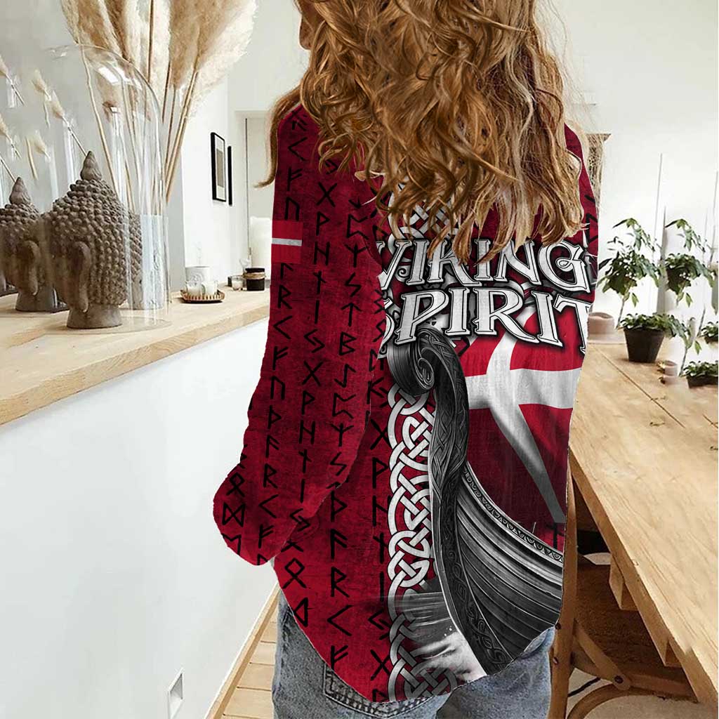 Denmark Viking Longship Women Casual Shirt Norse Rune & Celtic Cross Danish Flag