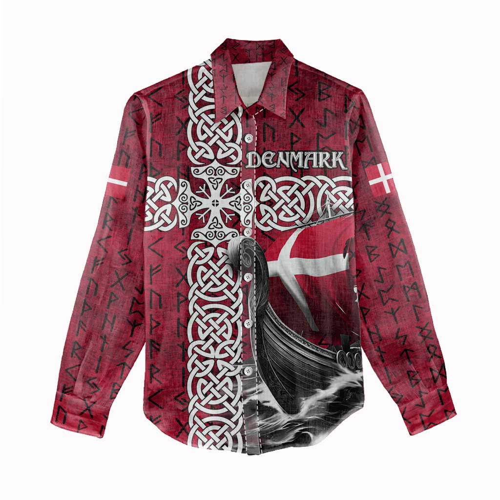 Denmark Viking Longship Women Casual Shirt Norse Rune & Celtic Cross Danish Flag