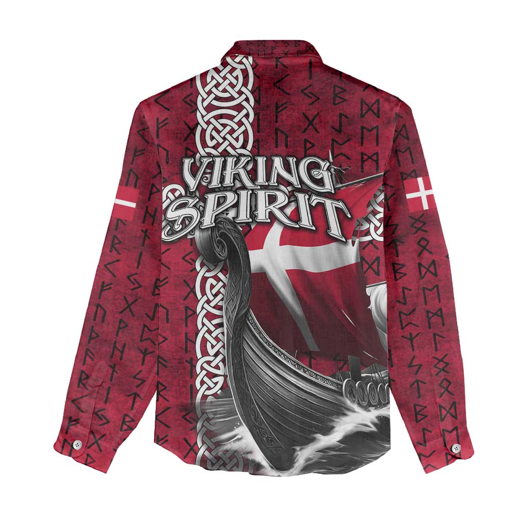 Denmark Viking Longship Women Casual Shirt Norse Rune & Celtic Cross Danish Flag