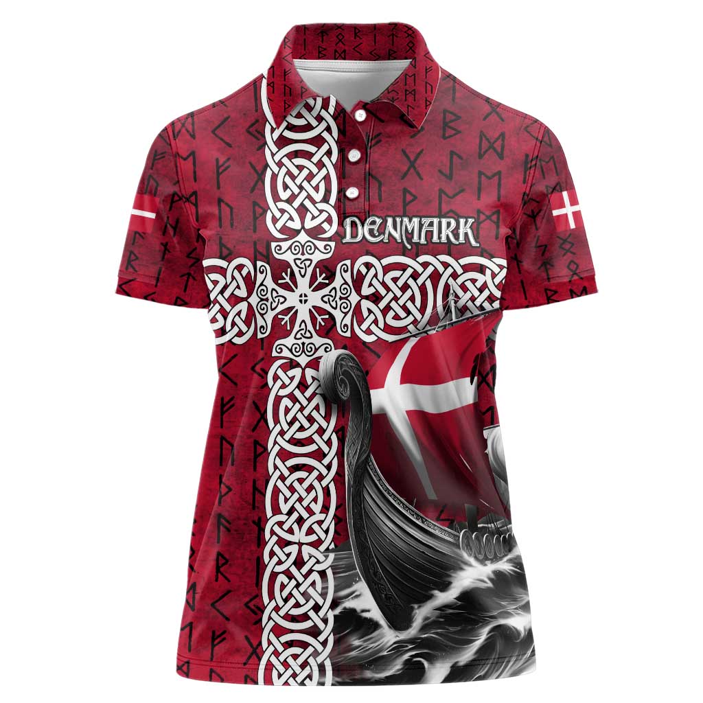 Denmark Viking Longship Women Polo Shirt Norse Rune & Celtic Cross Danish Flag