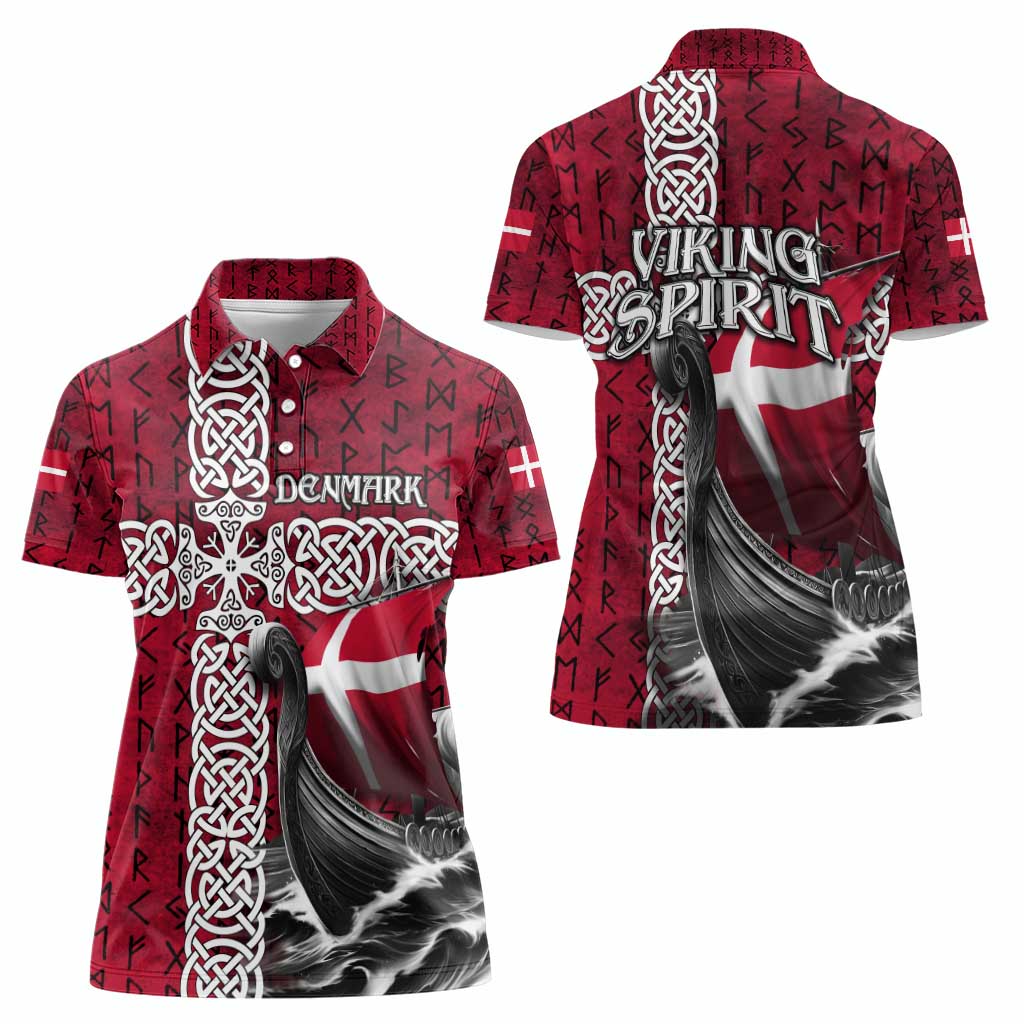 Denmark Viking Longship Women Polo Shirt Norse Rune & Celtic Cross Danish Flag