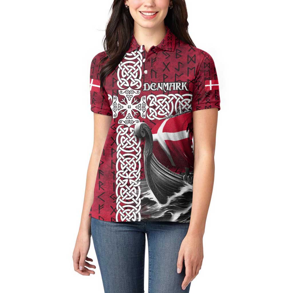 Denmark Viking Longship Women Polo Shirt Norse Rune & Celtic Cross Danish Flag