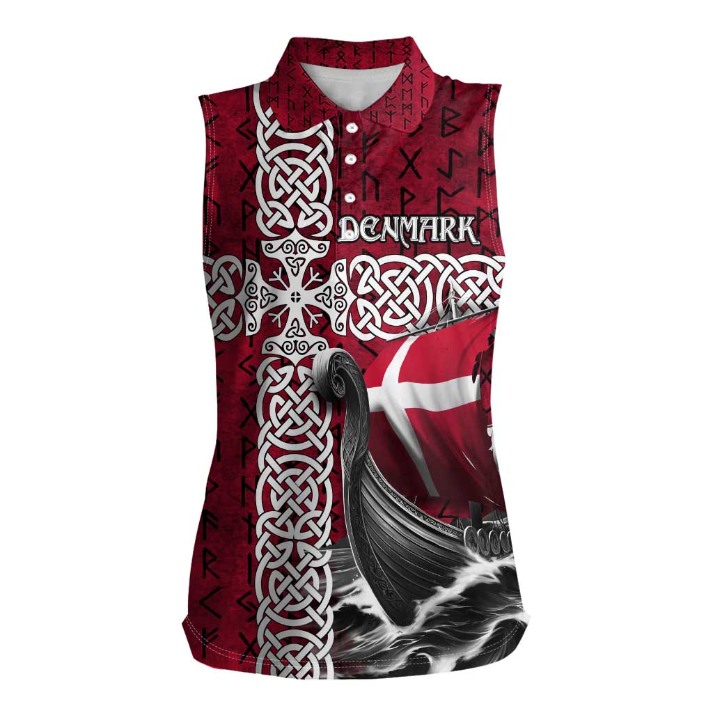 Denmark Viking Longship Women Sleeveless Polo Shirt Norse Rune & Celtic Cross Danish Flag