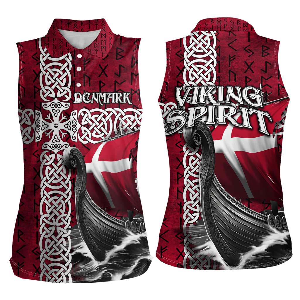 Denmark Viking Longship Women Sleeveless Polo Shirt Norse Rune & Celtic Cross Danish Flag