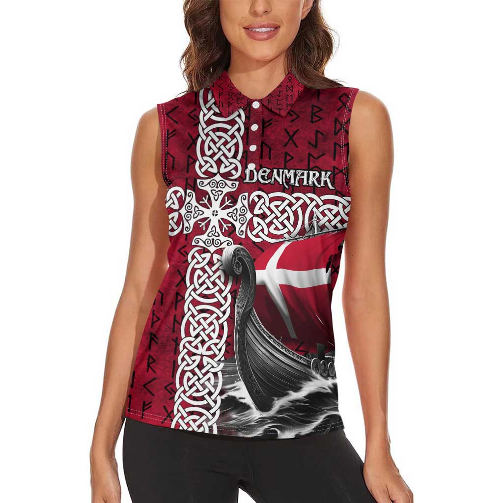 Denmark Viking Longship Women Sleeveless Polo Shirt Norse Rune & Celtic Cross Danish Flag