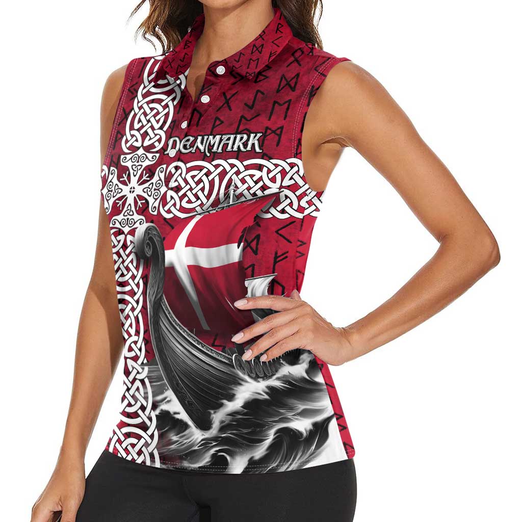 Denmark Viking Longship Women Sleeveless Polo Shirt Norse Rune & Celtic Cross Danish Flag