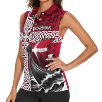 Denmark Viking Longship Women Sleeveless Polo Shirt Norse Rune & Celtic Cross Danish Flag