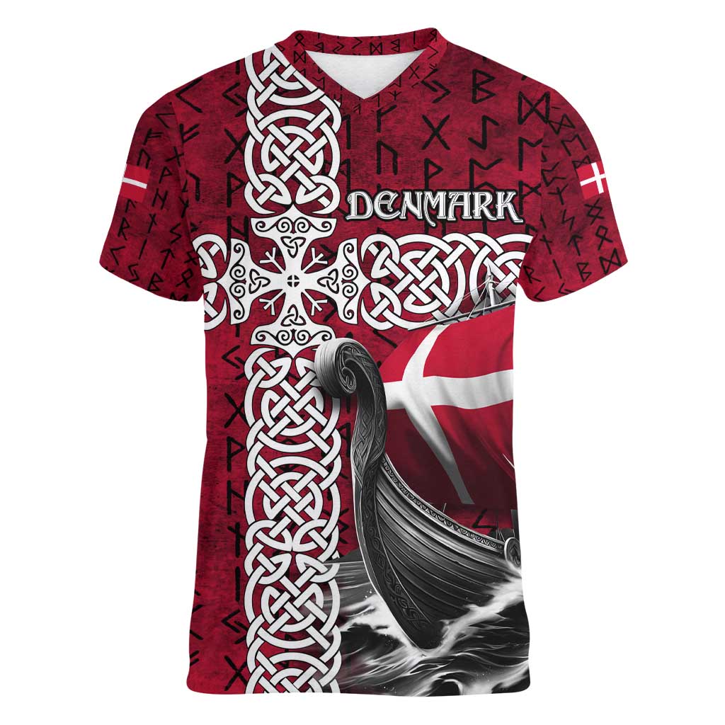 Denmark Viking Longship Women V-Neck T-Shirt Norse Rune & Celtic Cross Danish Flag