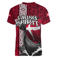 Denmark Viking Longship Women V-Neck T-Shirt Norse Rune & Celtic Cross Danish Flag