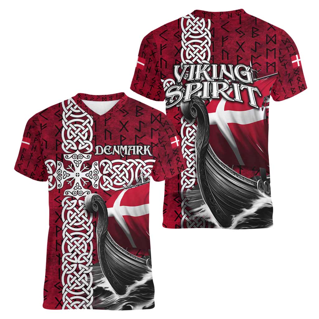 Denmark Viking Longship Women V-Neck T-Shirt Norse Rune & Celtic Cross Danish Flag