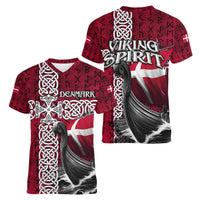 Denmark Viking Longship Women V-Neck T-Shirt Norse Rune & Celtic Cross Danish Flag