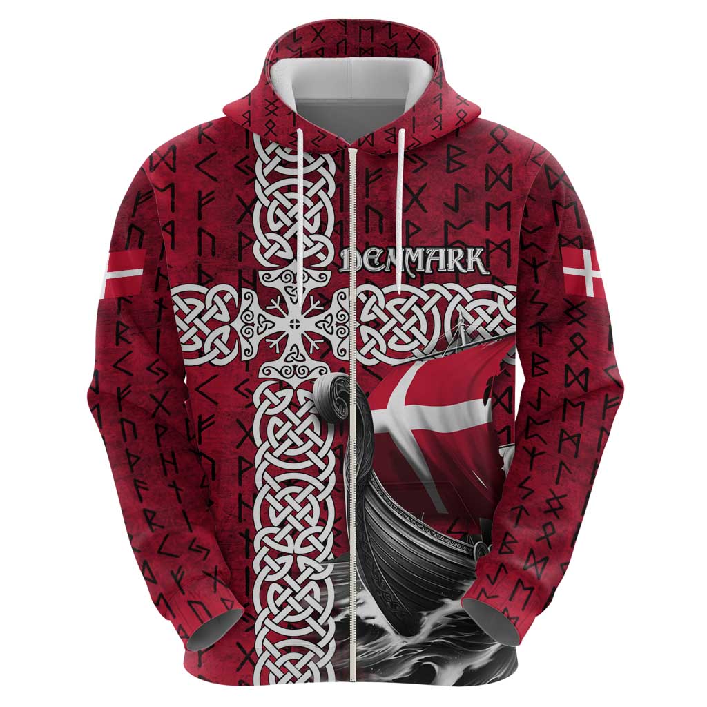 Denmark Viking Longship Zip Hoodie Norse Rune & Celtic Cross Danish Flag
