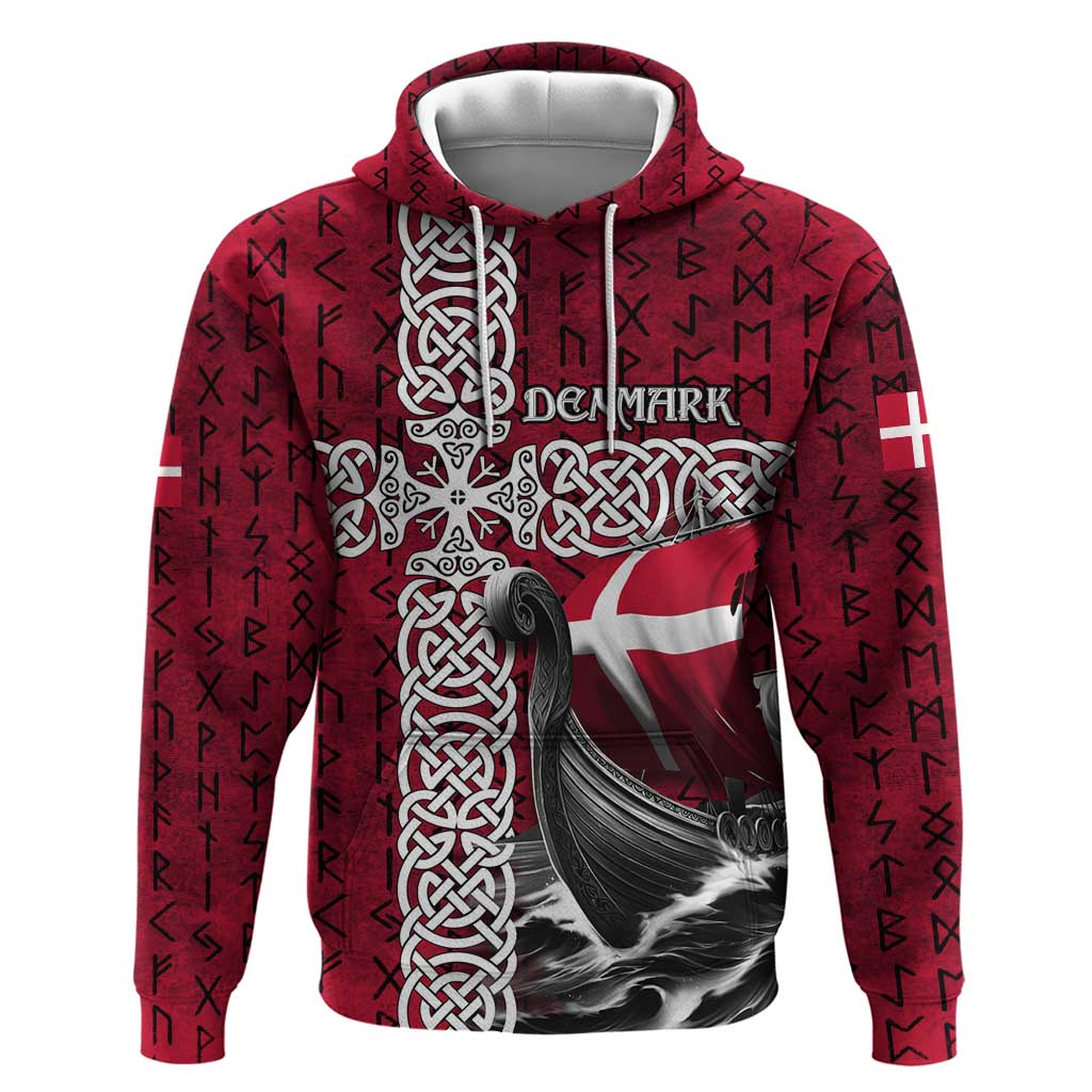Denmark Viking Longship Zip Hoodie Norse Rune & Celtic Cross Danish Flag