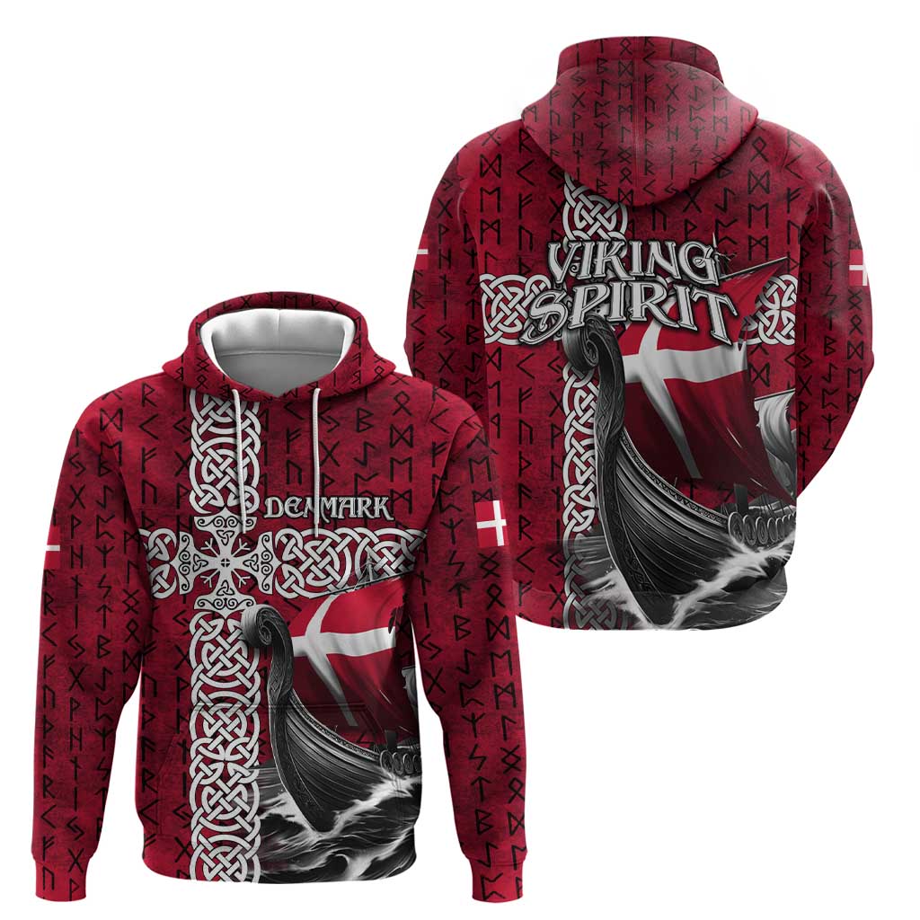 Denmark Viking Longship Zip Hoodie Norse Rune & Celtic Cross Danish Flag