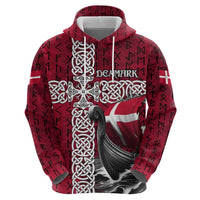 Denmark Viking Longship Zip Hoodie Norse Rune & Celtic Cross Danish Flag