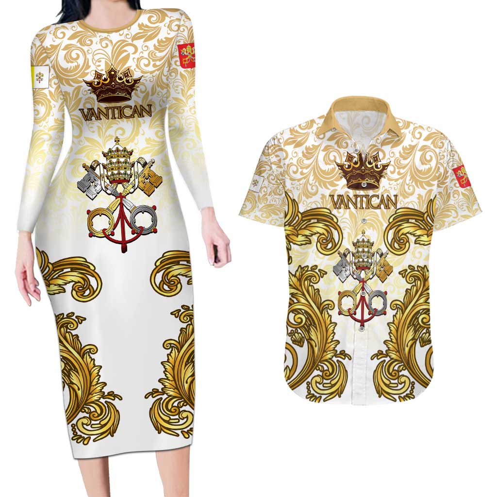 Vatican Gold Baroque Couples Matching Long Sleeve Bodycon Dress and Hawaiian Shirt Papal Crown & Keys Vintage Catholic
