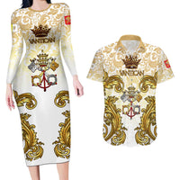 Vatican Gold Baroque Couples Matching Long Sleeve Bodycon Dress and Hawaiian Shirt Papal Crown & Keys Vintage Catholic