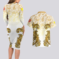 Vatican Gold Baroque Couples Matching Long Sleeve Bodycon Dress and Hawaiian Shirt Papal Crown & Keys Vintage Catholic
