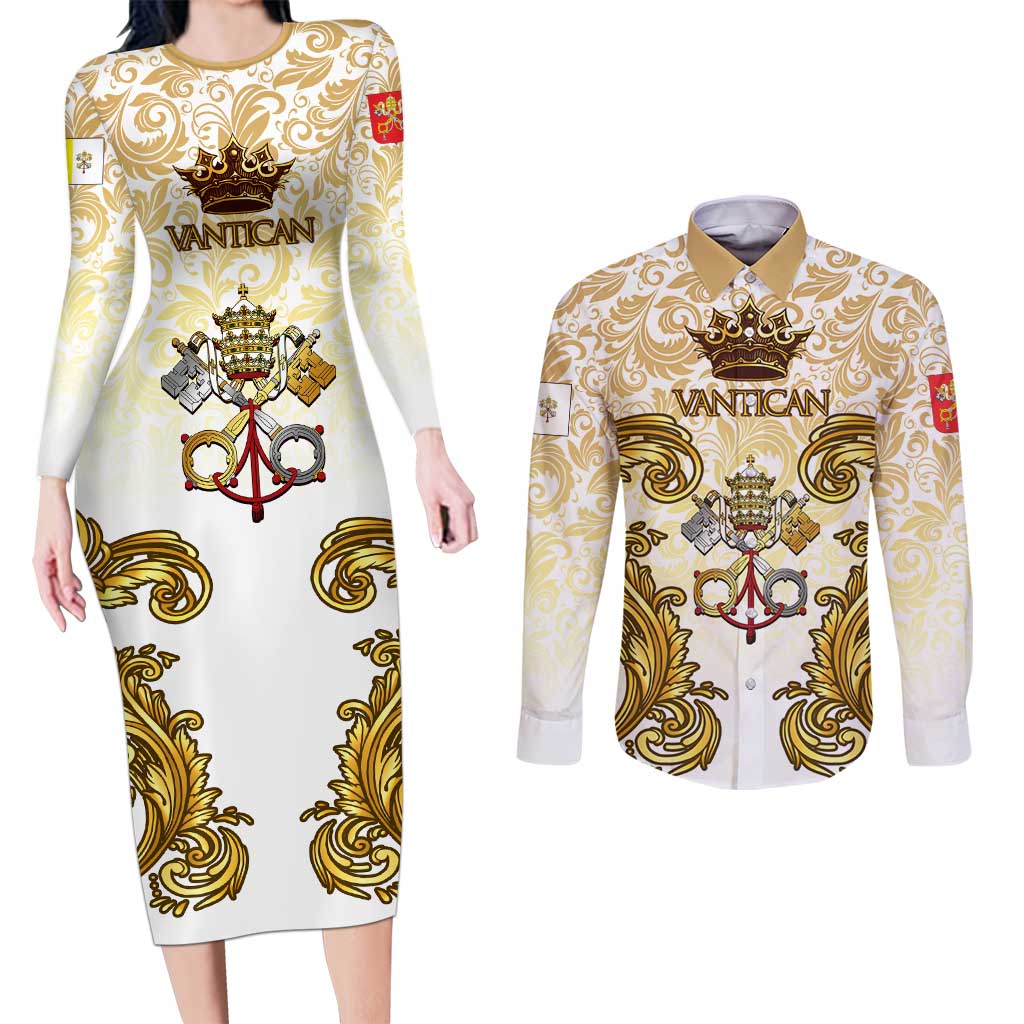 Vatican Gold Baroque Couples Matching Long Sleeve Bodycon Dress and Long Sleeve Button Shirt Papal Crown & Keys Vintage Catholic
