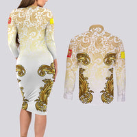 Vatican Gold Baroque Couples Matching Long Sleeve Bodycon Dress and Long Sleeve Button Shirt Papal Crown & Keys Vintage Catholic