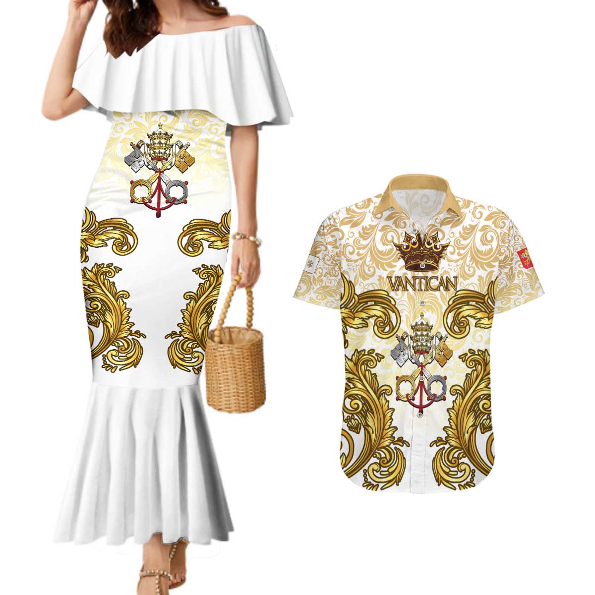 Vatican Gold Baroque Couples Matching Mermaid Dress and Hawaiian Shirt Papal Crown & Keys Vintage Catholic