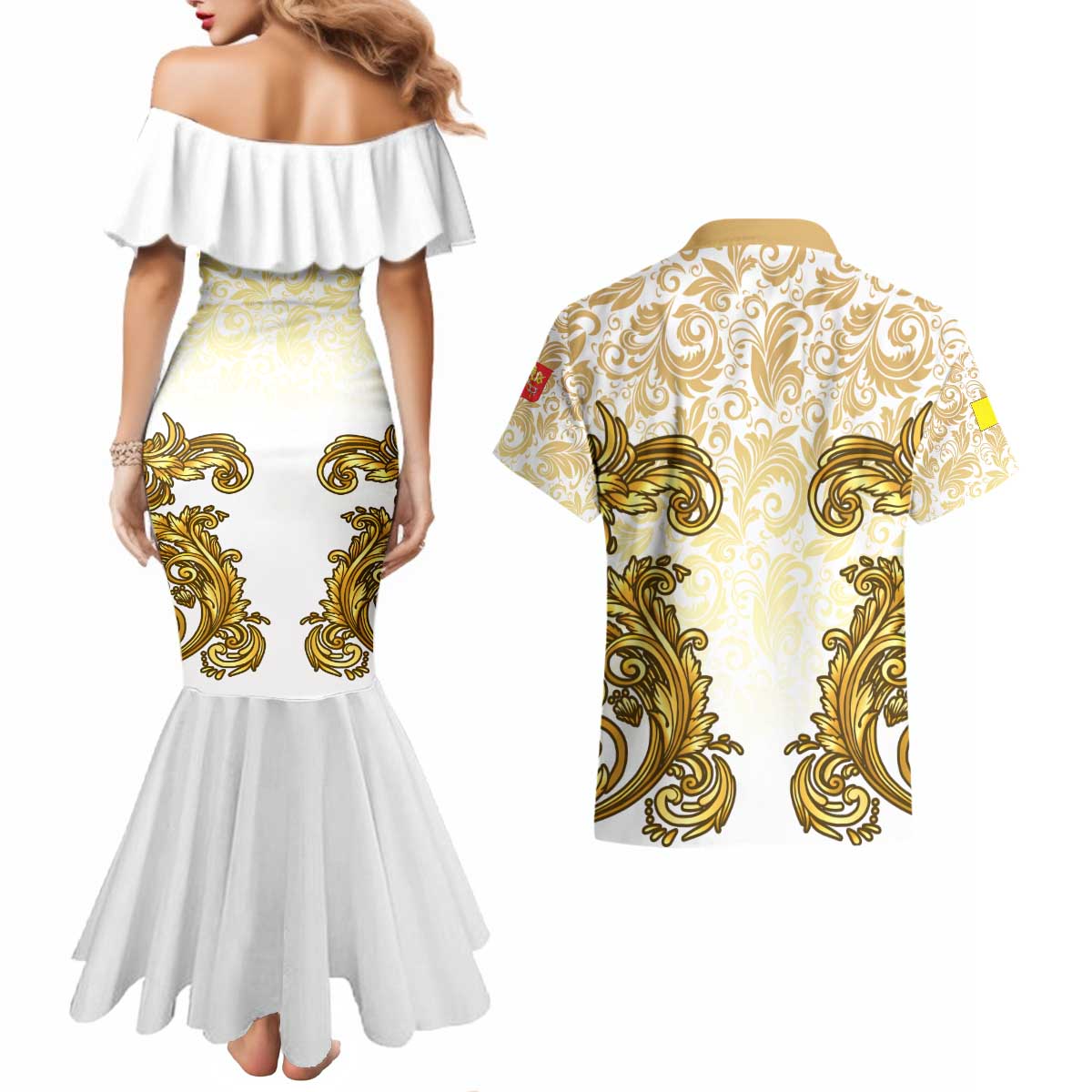 Vatican Gold Baroque Couples Matching Mermaid Dress and Hawaiian Shirt Papal Crown & Keys Vintage Catholic