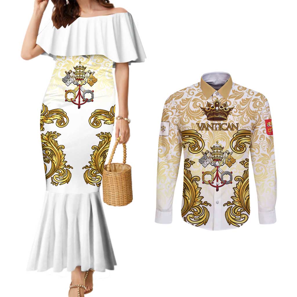 Vatican Gold Baroque Couples Matching Mermaid Dress and Long Sleeve Button Shirt Papal Crown & Keys Vintage Catholic