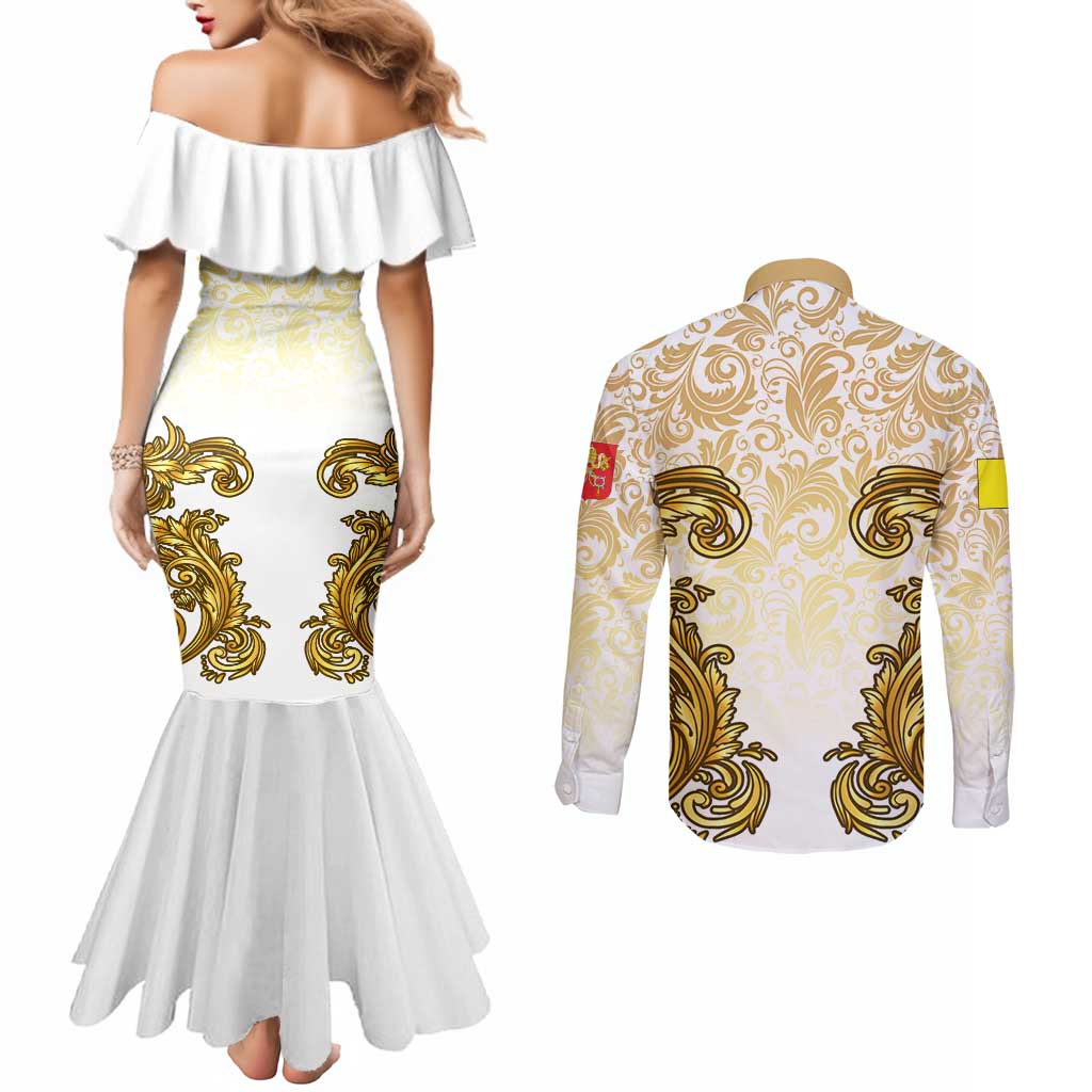Vatican Gold Baroque Couples Matching Mermaid Dress and Long Sleeve Button Shirt Papal Crown & Keys Vintage Catholic