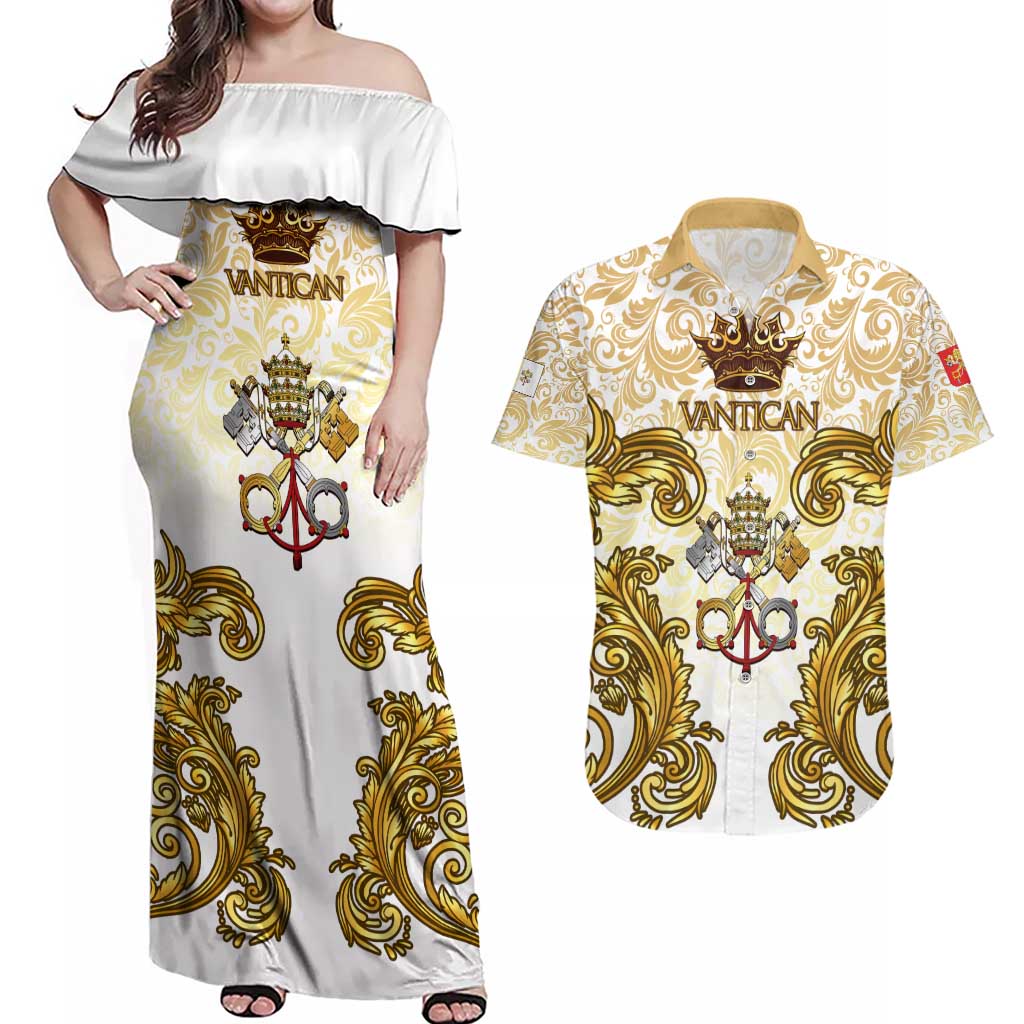 Vatican Gold Baroque Couples Matching Off Shoulder Maxi Dress and Hawaiian Shirt Papal Crown & Keys Vintage Catholic