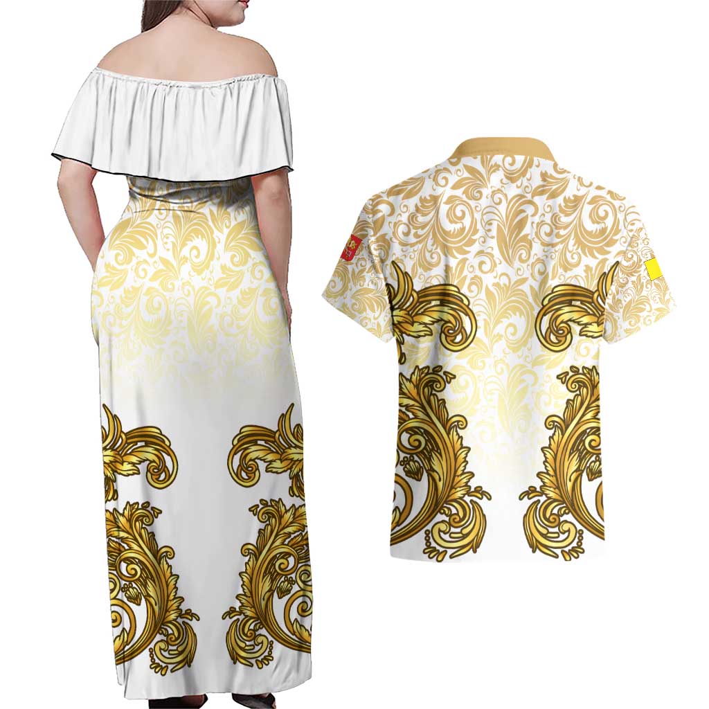 Vatican Gold Baroque Couples Matching Off Shoulder Maxi Dress and Hawaiian Shirt Papal Crown & Keys Vintage Catholic