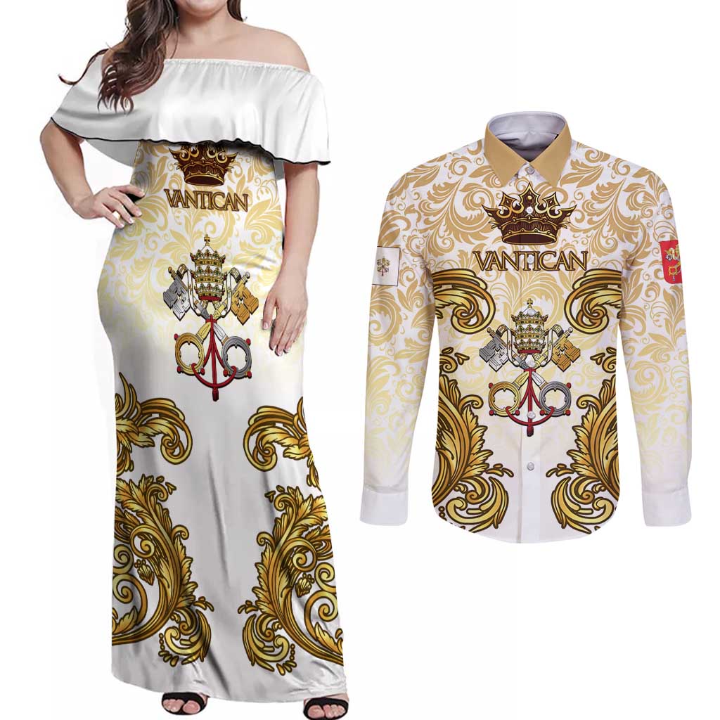 Vatican Gold Baroque Couples Matching Off Shoulder Maxi Dress and Long Sleeve Button Shirt Papal Crown & Keys Vintage Catholic