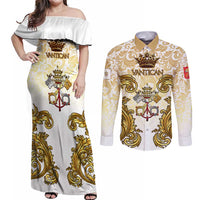 Vatican Gold Baroque Couples Matching Off Shoulder Maxi Dress and Long Sleeve Button Shirt Papal Crown & Keys Vintage Catholic