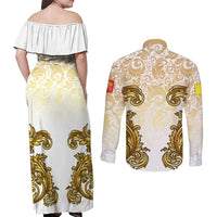 Vatican Gold Baroque Couples Matching Off Shoulder Maxi Dress and Long Sleeve Button Shirt Papal Crown & Keys Vintage Catholic