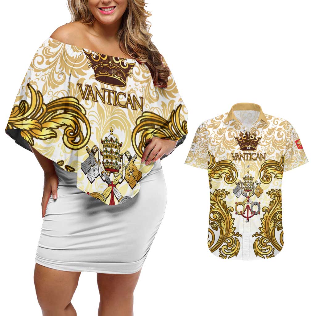 Vatican Gold Baroque Couples Matching Off Shoulder Short Dress and Hawaiian Shirt Papal Crown & Keys Vintage Catholic