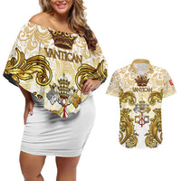 Vatican Gold Baroque Couples Matching Off Shoulder Short Dress and Hawaiian Shirt Papal Crown & Keys Vintage Catholic