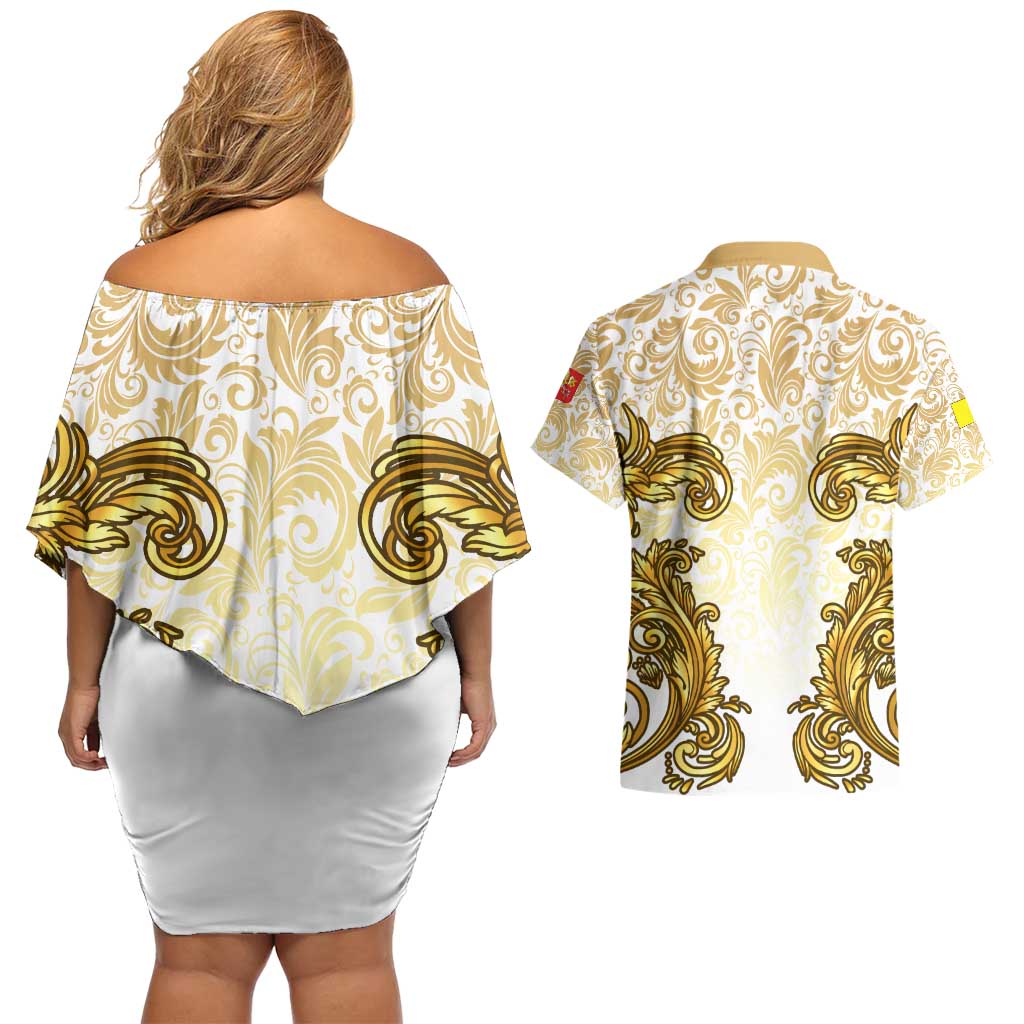 Vatican Gold Baroque Couples Matching Off Shoulder Short Dress and Hawaiian Shirt Papal Crown & Keys Vintage Catholic