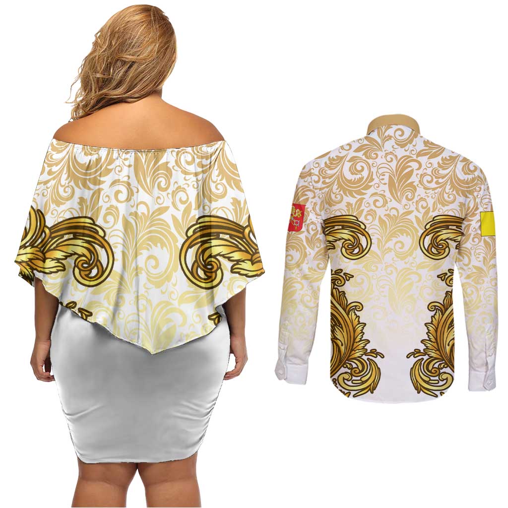 Vatican Gold Baroque Couples Matching Off Shoulder Short Dress and Long Sleeve Button Shirt Papal Crown & Keys Vintage Catholic
