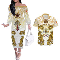 Vatican Gold Baroque Couples Matching Off The Shoulder Long Sleeve Dress and Hawaiian Shirt Papal Crown & Keys Vintage Catholic