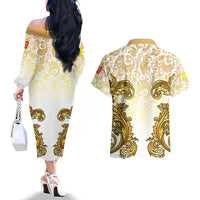 Vatican Gold Baroque Couples Matching Off The Shoulder Long Sleeve Dress and Hawaiian Shirt Papal Crown & Keys Vintage Catholic