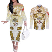Vatican Gold Baroque Couples Matching Off The Shoulder Long Sleeve Dress and Long Sleeve Button Shirt Papal Crown & Keys Vintage Catholic