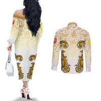 Vatican Gold Baroque Couples Matching Off The Shoulder Long Sleeve Dress and Long Sleeve Button Shirt Papal Crown & Keys Vintage Catholic