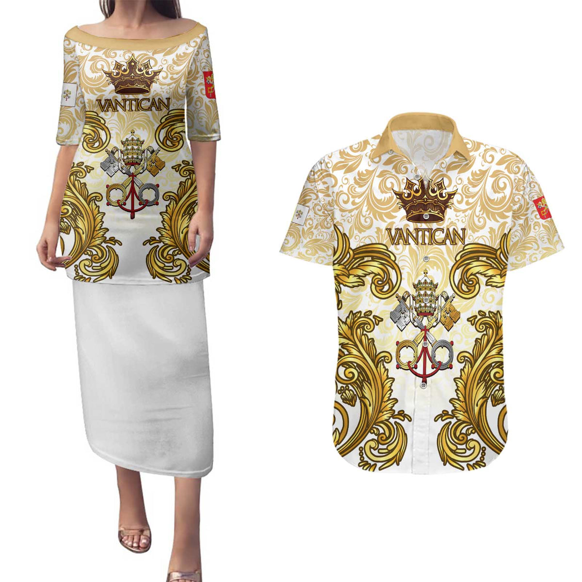 Vatican Gold Baroque Couples Matching Puletasi and Hawaiian Shirt Papal Crown & Keys Vintage Catholic