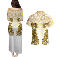 Vatican Gold Baroque Couples Matching Puletasi and Hawaiian Shirt Papal Crown & Keys Vintage Catholic