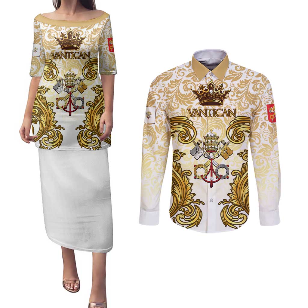 Vatican Gold Baroque Couples Matching Puletasi and Long Sleeve Button Shirt Papal Crown & Keys Vintage Catholic