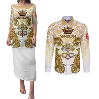 Vatican Gold Baroque Couples Matching Puletasi and Long Sleeve Button Shirt Papal Crown & Keys Vintage Catholic