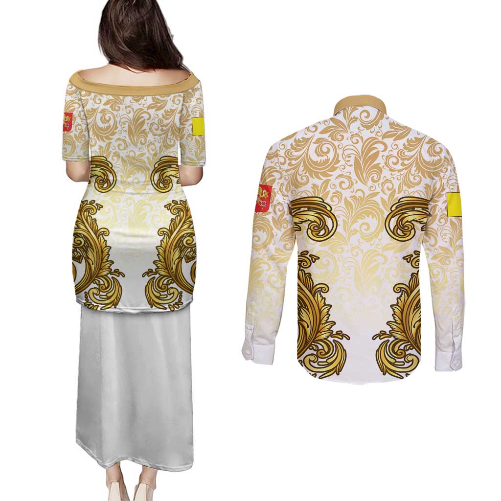 Vatican Gold Baroque Couples Matching Puletasi and Long Sleeve Button Shirt Papal Crown & Keys Vintage Catholic