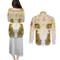 Vatican Gold Baroque Couples Matching Puletasi and Long Sleeve Button Shirt Papal Crown & Keys Vintage Catholic