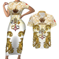 Vatican Gold Baroque Couples Matching Short Sleeve Bodycon Dress and Hawaiian Shirt Papal Crown & Keys Vintage Catholic